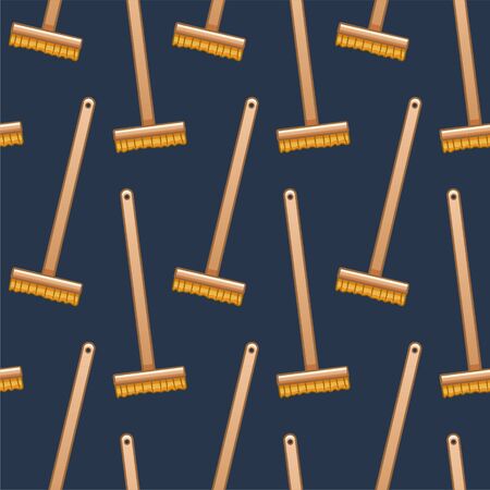 Cartoon style wooden mops with brush for cleaning seamless pattern. Blue background, vector.のイラスト素材