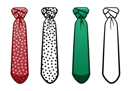 Necktie with eldredge knot in four variants set isolated illustration. Colored, line version, with pattern. White background, vector.のイラスト素材