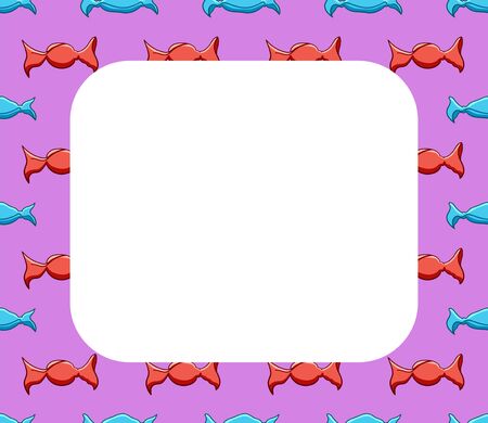 White copy space on pattern with candies in red and blue wrapper. Pink background, vector.のイラスト素材