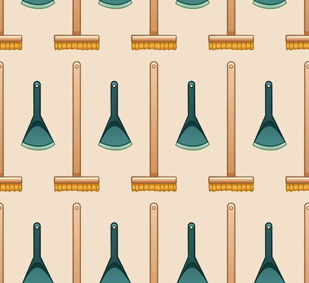 Cartoon style wooden mops with brushes and blue plastic dustpans for cleaning seamless pattern. Beige background, vector.のイラスト素材