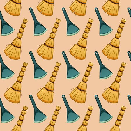 Cartoon style besoms and blue plastic dustpans for cleaning seamless pattern. Beige background, vector.のイラスト素材