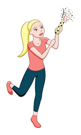 Happy cartoon style woman with confetti petard isolated illustration. White background, vector.のイラスト素材