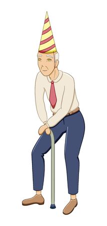 Smiling cartoon style old man in stripped holiday hat with cane isolated illustration. April fool's day. White background, vector.のイラスト素材
