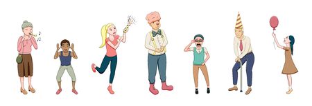 Happy cartoon style people at the party set isolated illustration. White background, vector.