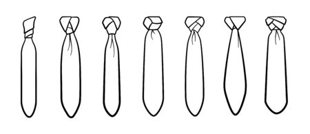 Seven outline style neckties of different knots set isolated illustration. White background, vector.のイラスト素材