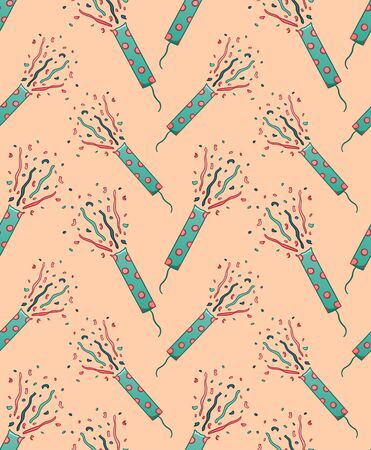 Green confetti petards for holiday party seamless pattern. Decoration for greeting card, wrapper and textile. Peach color background, vector.のイラスト素材