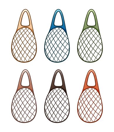 Colored textile mesh ecobags set isolated illustration. White background, vector.のイラスト素材