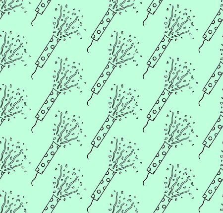 Outline style confetti petards for holiday party seamless pattern. Decoration for greeting card, wrapper and textile. Turquoise background, vector.のイラスト素材
