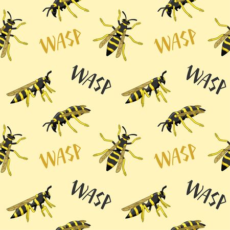 Wasps with lettering seamless pattern. Decoration for greeting card, wrapper and textile. Yellow background, vector.のイラスト素材