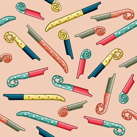 Multicolored party whistles seamless pattern. Decoration for greeting card, wrapper and textile. Beige background, vector.のイラスト素材