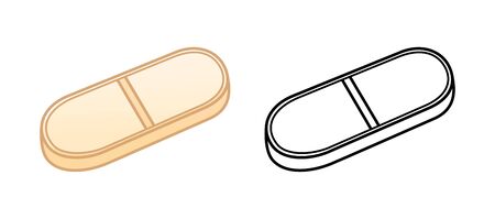 Flat and outline style oval pills isolated illustration. Colored and in black lines. White background, vector.のイラスト素材