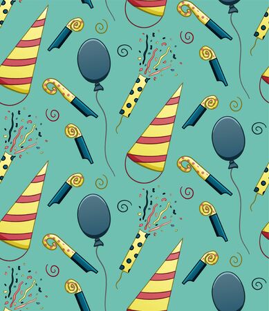 Party accessories seamless pattern. Balloons, holiday hats, party whistles, confetti petards. Decoration for greeting card, wrapper and textile. Turquoise background, vector.のイラスト素材
