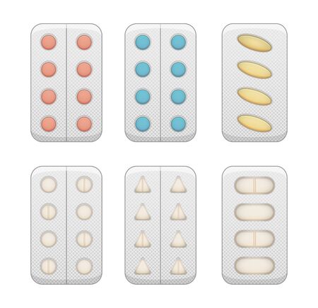 Blisters with different pills set isolated illustration. White background, vector.のイラスト素材