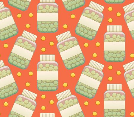 Plastic transparent bottles with round fish oil pills seamless pattern. Orange background, vector.のイラスト素材