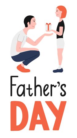 Father and daughter. Receiving a gift. Father's day lettering. Illustration for greeting card, banner, poster. White background, vector.のイラスト素材