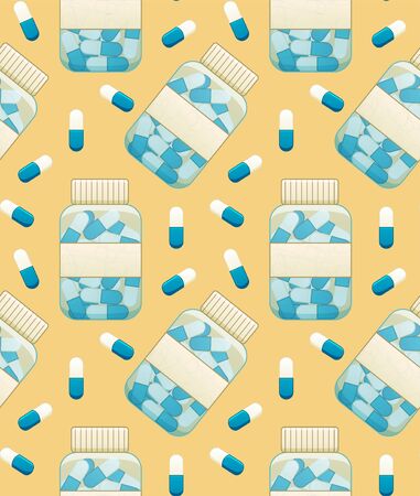 Plastic transparent bottles with oval capsule pills seamless pattern. Print for banner, poster and site decoration. Yellow background, vector.のイラスト素材