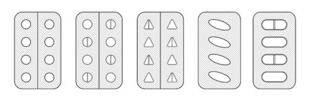 Outline style blisters with different pills set isolated illustration. White background, vector.のイラスト素材