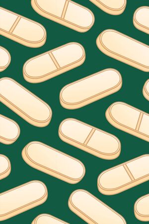 Flat style oval beige pills seamless pattern. Green background, vector.のイラスト素材