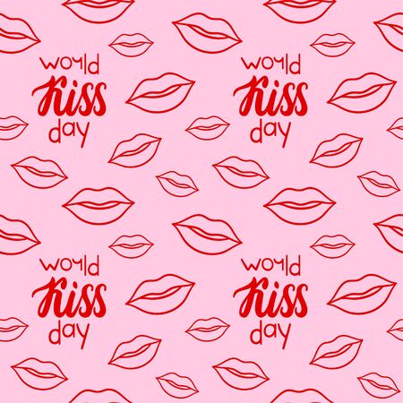Seamless pattern with world kiss day inscription and red outline style lips. Decoration for World kissing day greeting card, poster, banner, site. Pink background, vector.のイラスト素材