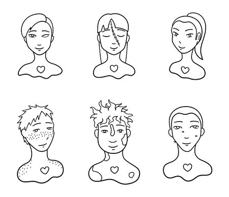 Portraits of body positive people set. Outline style isolated illustration on white background. Love yourself motivation. Faces with injuries and skin features.のイラスト素材