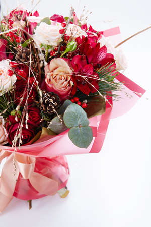 wedding bouquet  isolated on white. Fresh, lush bouquet of colorful flowersの写真素材