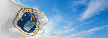 flag of Mark of the United States Air Force waving in the wind. USA National defence. Copy space. 3d illustration.の写真素材