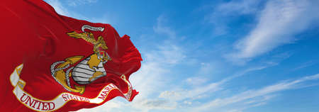 flag of United States Marine Corps waving in the wind. USA National defence. Copy space. 3d...