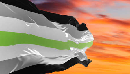 Agender pride flag waving in the wind at cloudy sky. Freedom and love concept. Pride month. activism, community and freedom Concept. Copy space. 3d illustration,の写真素材