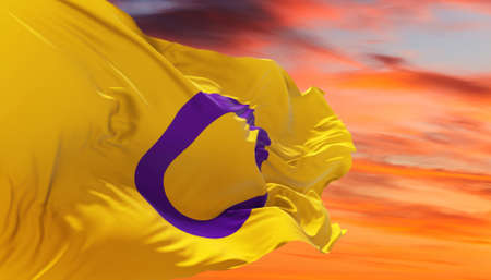 Intersex Pride flag waving in the wind at cloudy sky. Freedom and love concept. Pride month. activism, community and freedom Concept. Copy space. 3d illustration,の写真素材