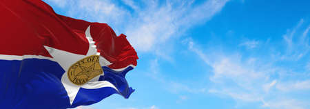 flag of Dallas at cloudy sky background on sunset, panoramic view. Patriotic concept about Dallas and copy space for wide banner. 3d illustration.の写真素材