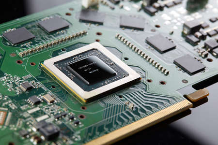 computer circuit board, GPU with processor and microchips. Electronic currency, internet finance...