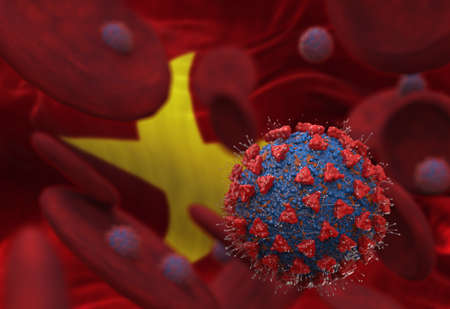 Virus and blood cells against flag of Vietnam. 3d illustration. viral infection causing chronic disease. Hepatitis viruses, influenza virus H1N1, Coronavirus, HIV, Flu, cell infect organism,の写真素材