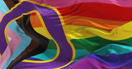 LGBTQ Inclusive Progressive Pride flag waving in the wind at cloudy sky. Freedom and love concept. Pride month. activism, community and freedom Concept. Copy space. 3d illustration.の写真素材