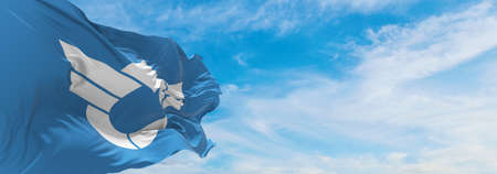 official flag of Shiga prefecture waving in the wind on flagpoles against sky with clouds on sunny day. Japan Patriotic concept. 3d illustration.の写真素材