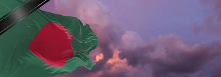 national flag of Bangladesh with Mourning Ribbon. memory of victims of war, terrorist attack, virus . Black funeral ribbon on flag Honoring memory of victims. 3D illustration.の写真素材