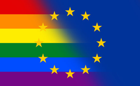 Top view of flag of Europe rainbow gay pride, no flagpole. Plane design, layout. Flag background. Freedom and love concept. Pride month. activism, community and freedom.の写真素材