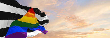 Straight Ally flag waving in the wind at cloudy sky. Freedom and love concept. Pride month....
