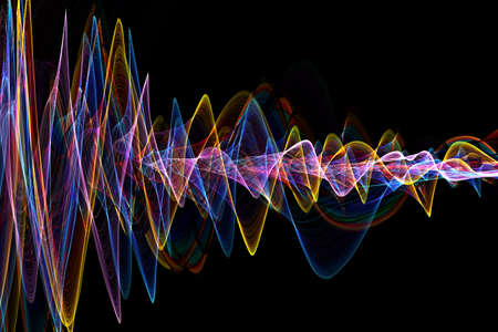 Abstract glowing lines background. Wavy form neon line structure. sound wave rhythm background. Fire wave flames digital Sound Wave equalizer, technology and earthquake wave concept,の写真素材
