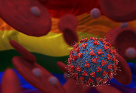 Virus and blood cells against flag of LGBT. 3d illustration. viral infection causing chronic disease. Hepatitis viruses, influenza virus H1N1, Coronavirus, HIV, Flu, cell infect organism,の写真素材