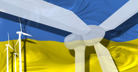 Wind turbines on background of Ukraine flag. sustainable development, renewable energy, national alternative energy environment concept. 3d illustration.の写真素材