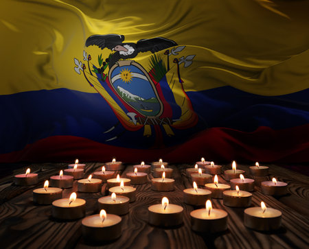 Mourning candles burning on Ecuador national flag of background. Memorial weekend, patriot veterans day, National Day of Service Remembrance. Burning candles on wooden surface. 3d illustration.の写真素材