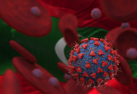 Virus and blood cells against flag of Maldives. 3d illustration. viral infection causing chronic disease. Hepatitis viruses, influenza virus H1N1, Coronavirus, HIV, Flu, cell infect organism,の写真素材