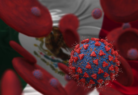 Virus and blood cells against flag of Mexico. 3d illustration. viral infection causing chronic disease. Hepatitis viruses, influenza virus H1N1, Coronavirus, HIV, Flu, cell infect organism,の写真素材