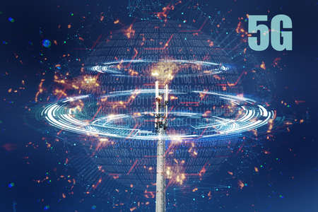 Modern wireless telecommunication tower antenna transmitter, base reciever station for broadcasting 4G, 5G or 3g. digital antennas, equipment of high speed mobile network, broadband Internet.の写真素材