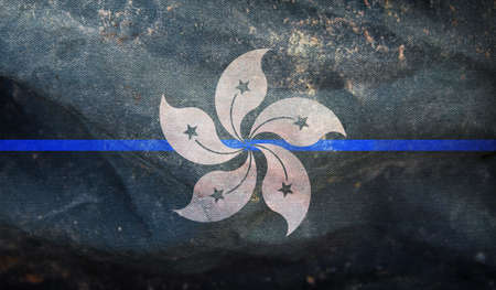 Top view of retro Blue Line, Hong Kong flag with grunge texture, no flagpole. Plane design, layout. Flag background.の写真素材