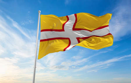 flag of county Dorset, UK at cloudy sky background on sunset, panoramic view. County of united kingdom of great Britain, England. copy space for wide banner, 3d illustrationの写真素材