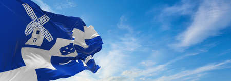 flag of Staining village  at cloudy sky background on sunset. panoramic view. united kingdom of great Britain, England. copy space for wide banner. 3d illustrationの写真素材