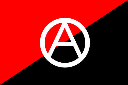 Top view of flag of  Anarchist with A symbol. Anarchism symbol. no flagpole, Plane design, layout. Flag backgroundの写真素材