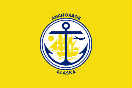 Top view of county of Anchorage, Alaska flag, USA no flagpole. Plane design, layout. Flag backgroundの写真素材
