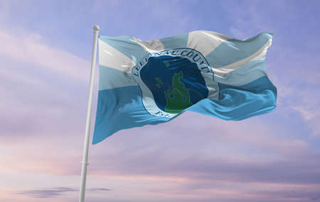 flag of county Leelanau, Michigan , USA at cloudy sky background on sunset, panoramic view, Patriotic concept about Leelanau, Michigan and copy space for wide banner. 3d illustrationの写真素材